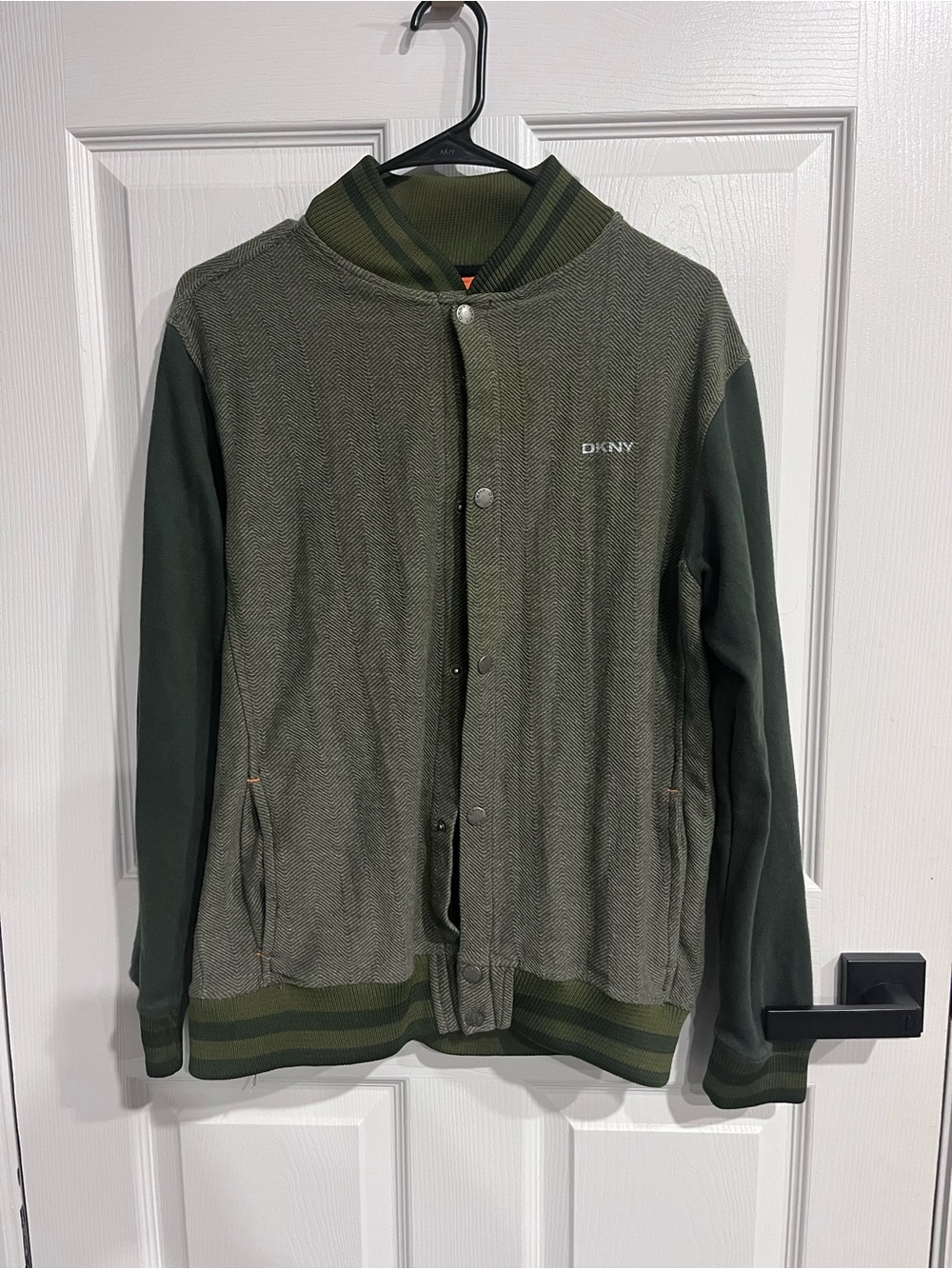 DKNY Men’s XL Olive Green Herringbone Varsity Bomber Jacket